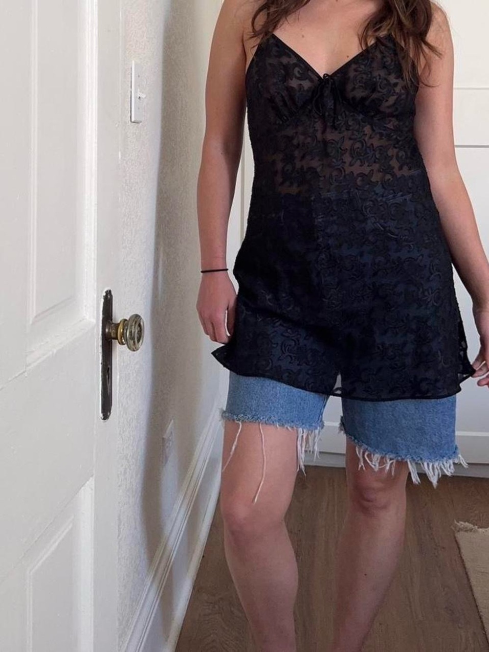 Vintage 90s / Y2K Black Mesh Sheer Slip Dress with Paisley Print